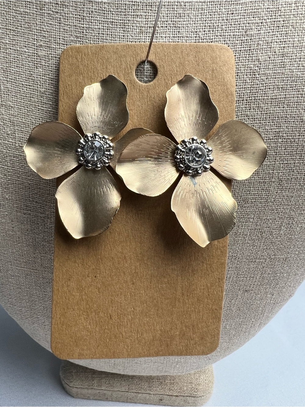 Gold Brushed Metal Floral Rhinestone Earrings Evening Formal Wedding Office